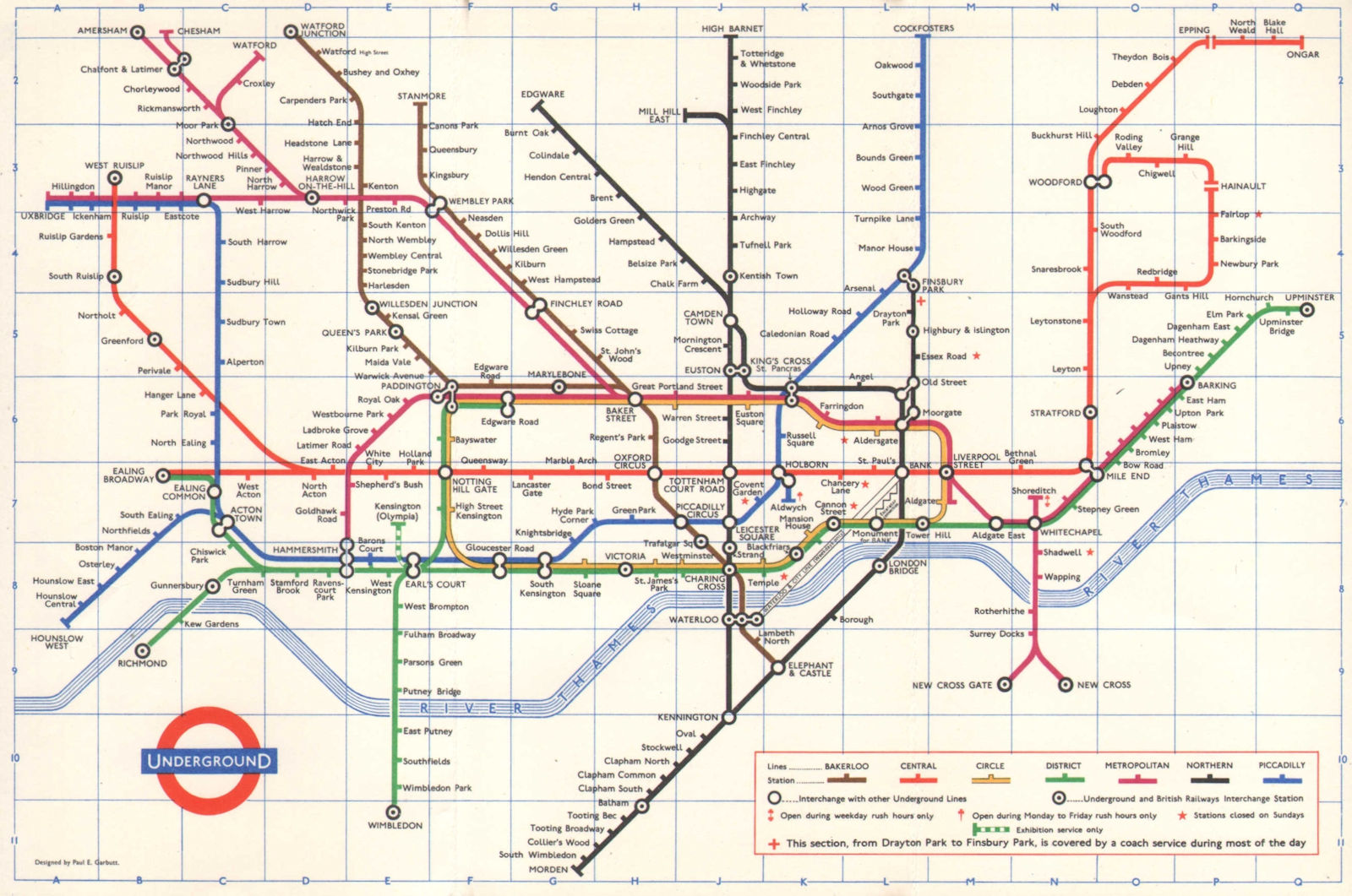 LONDON UNDERGROUND diagram of lines tube map. Ongar. Essex Rd. GARBUTT 1966