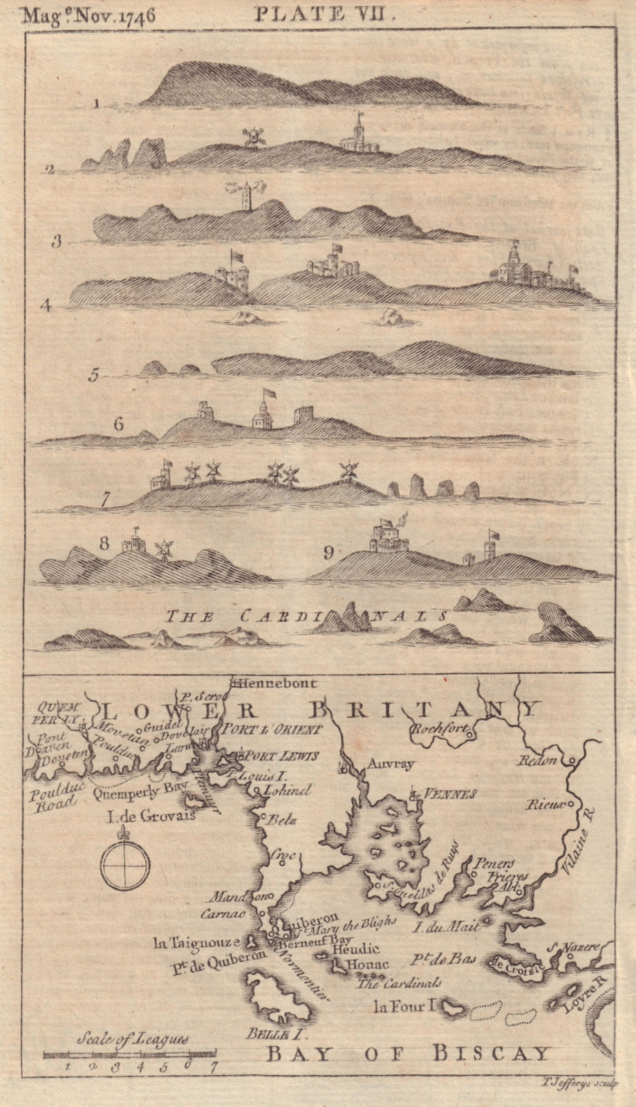 Lower Brittany. Morbihan coast map & profiles. JEFFERYS. GENTS MAG 1746