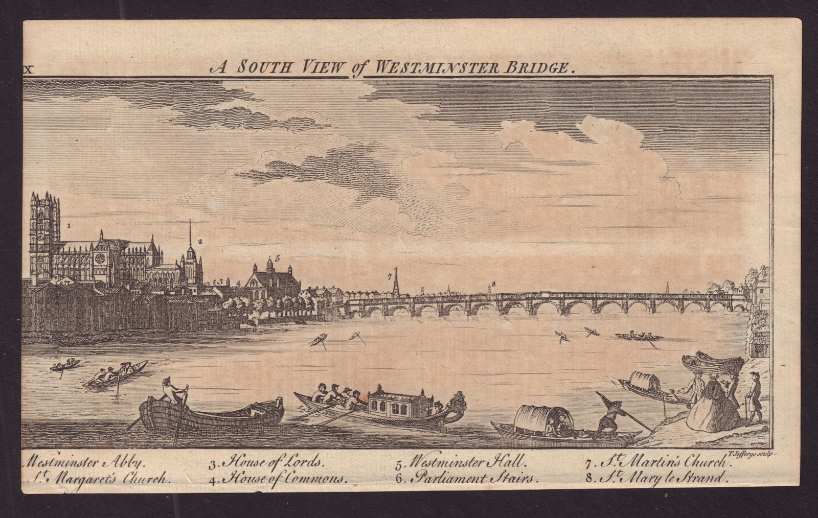 A South View of Westminster Bridge, London. GENTS MAG 1746 old antique print