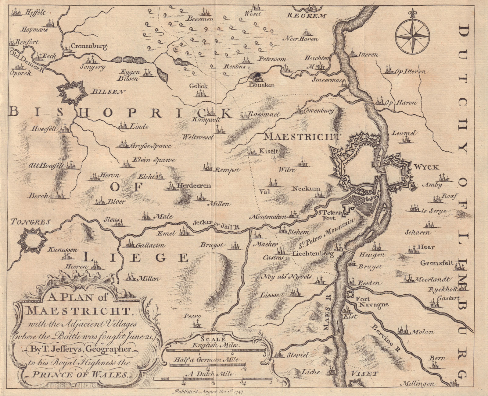 Associate Product A plan of Maestricht with the adjacient villages… Maastricht. JEFFERYS 1747 map