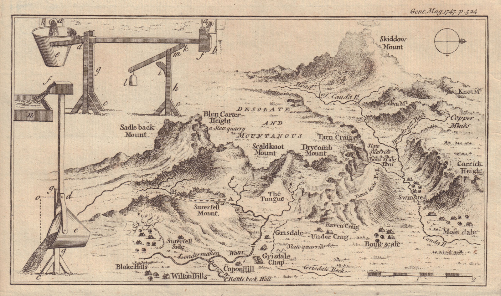 Northern Fells, Lake District. Blencathra Saddleback Skiddaw. GENTS MAG 1747 map