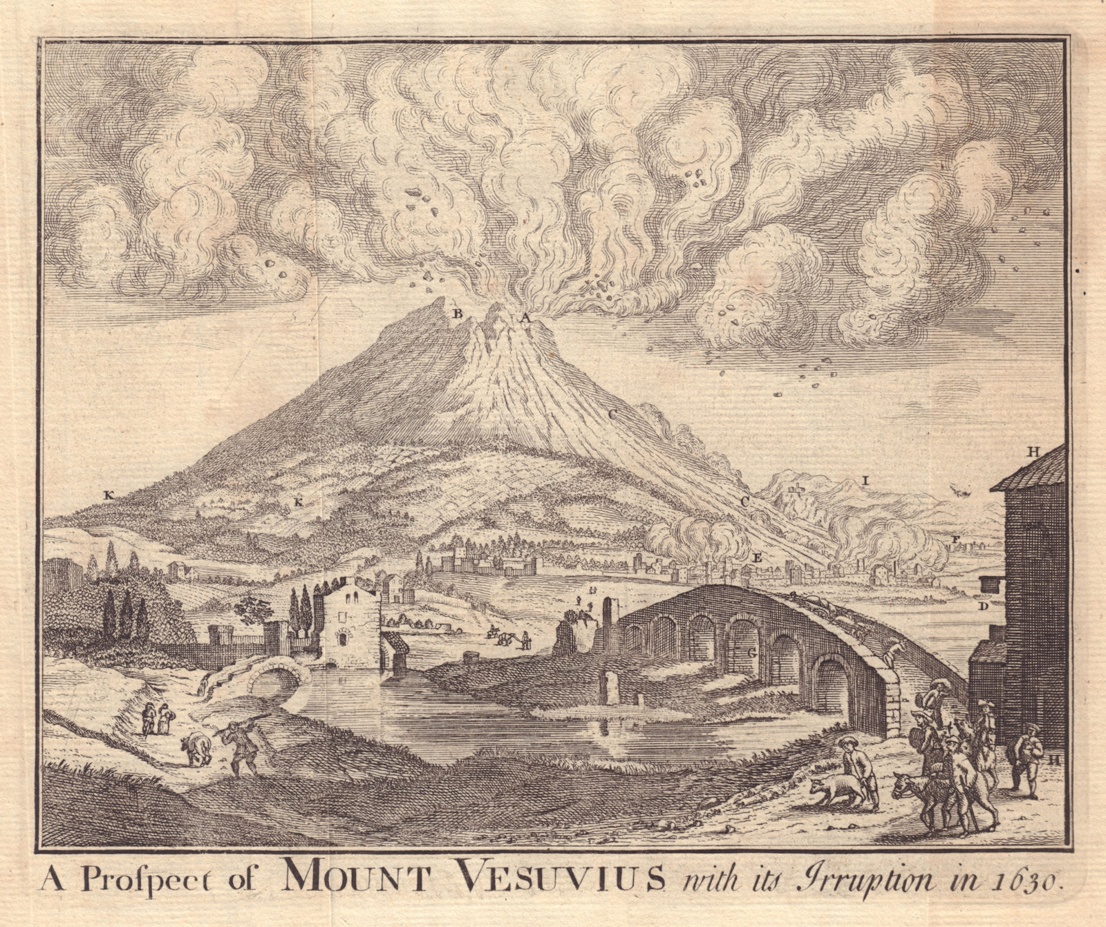 Prospect of Mount Vesuvius with its Irruption in 1630. Eruption 1750 old print