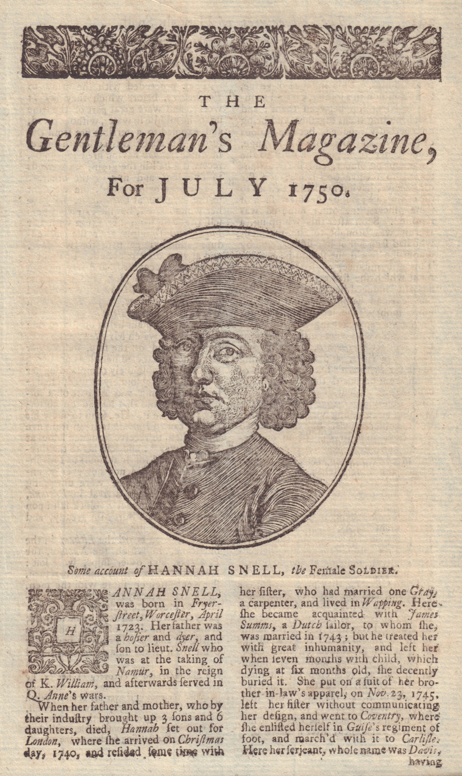 Some Account of Hannah Snell, the Female Soldier. GENTS MAG 1750 print