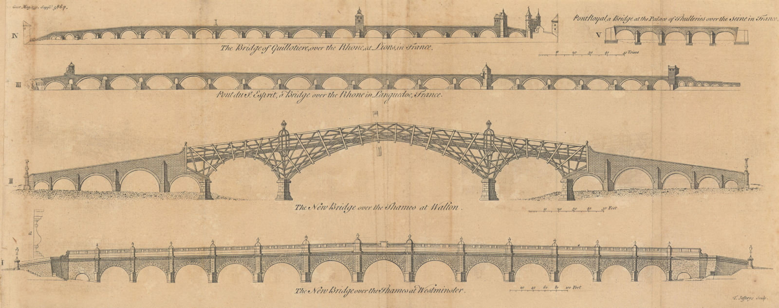 Pont-St-Esprit. Guillotière Lyons. Royal Paris. Walton & Westminster Bridge 1750