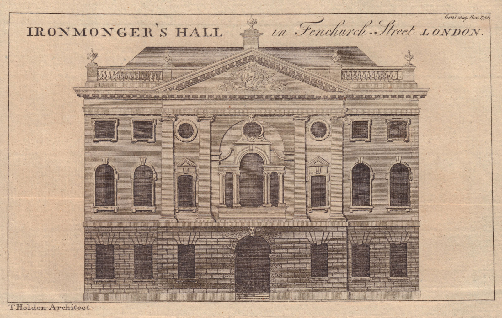 Elevation of Ironmonger's Hall in Fenchurch Street London. GENTS MAG 1750