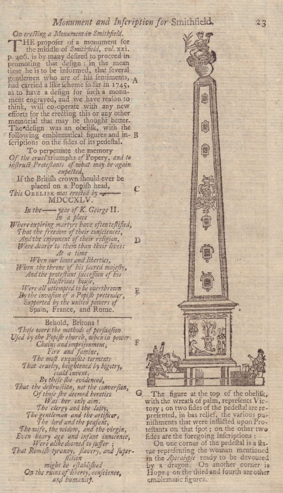 Obelisk proposed to be erected in Smithfield, London. GENTS MAG 1752 old print