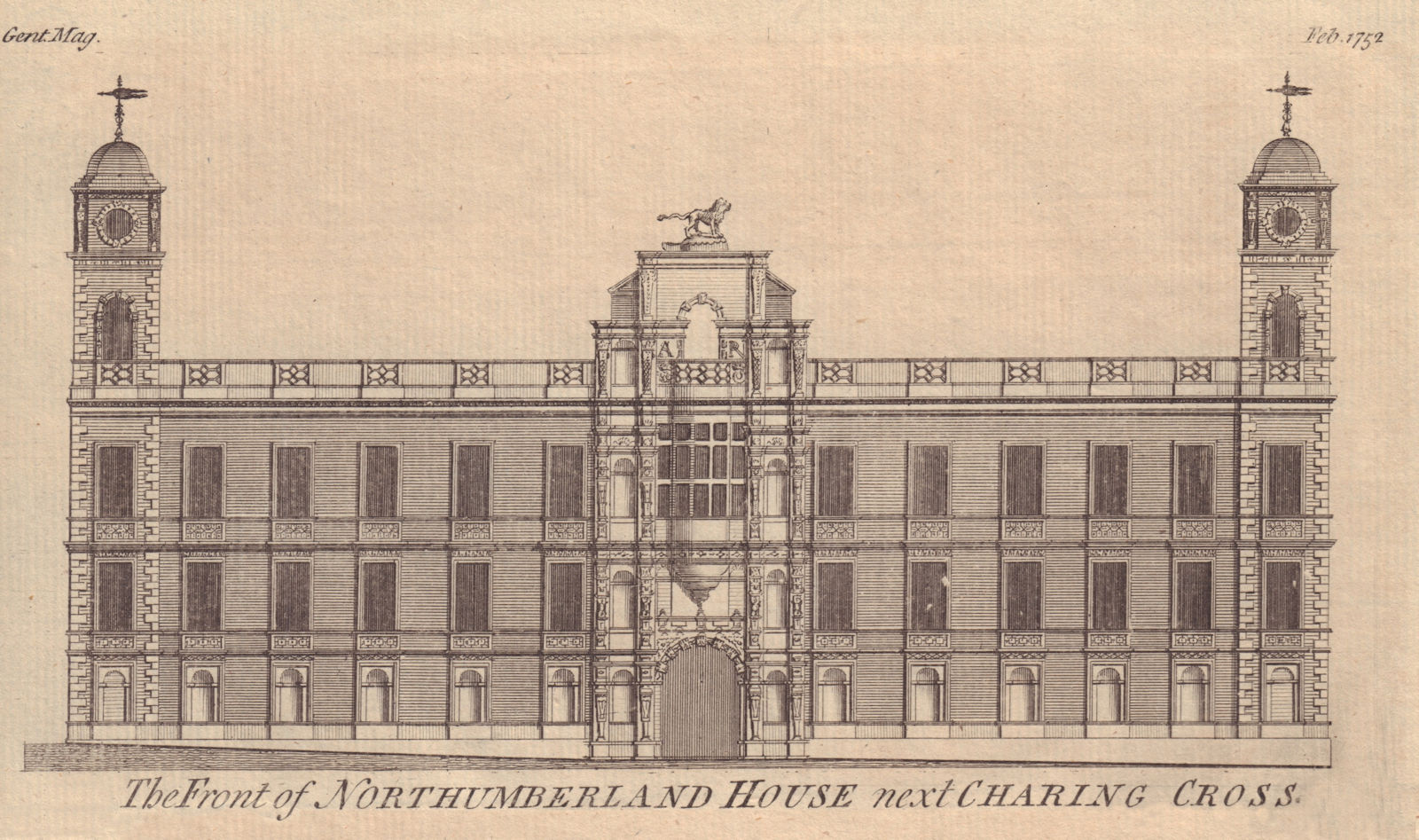 The Front of Northumberland House next Charing Cross. London 1752 old print
