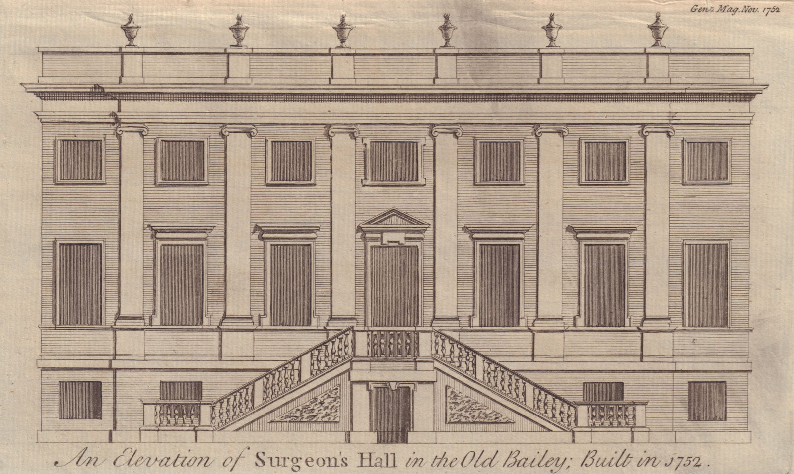 Associate Product An Elevation of Surgeon's Hall in the Old Bailey, London. GENTS MAG 1752 print