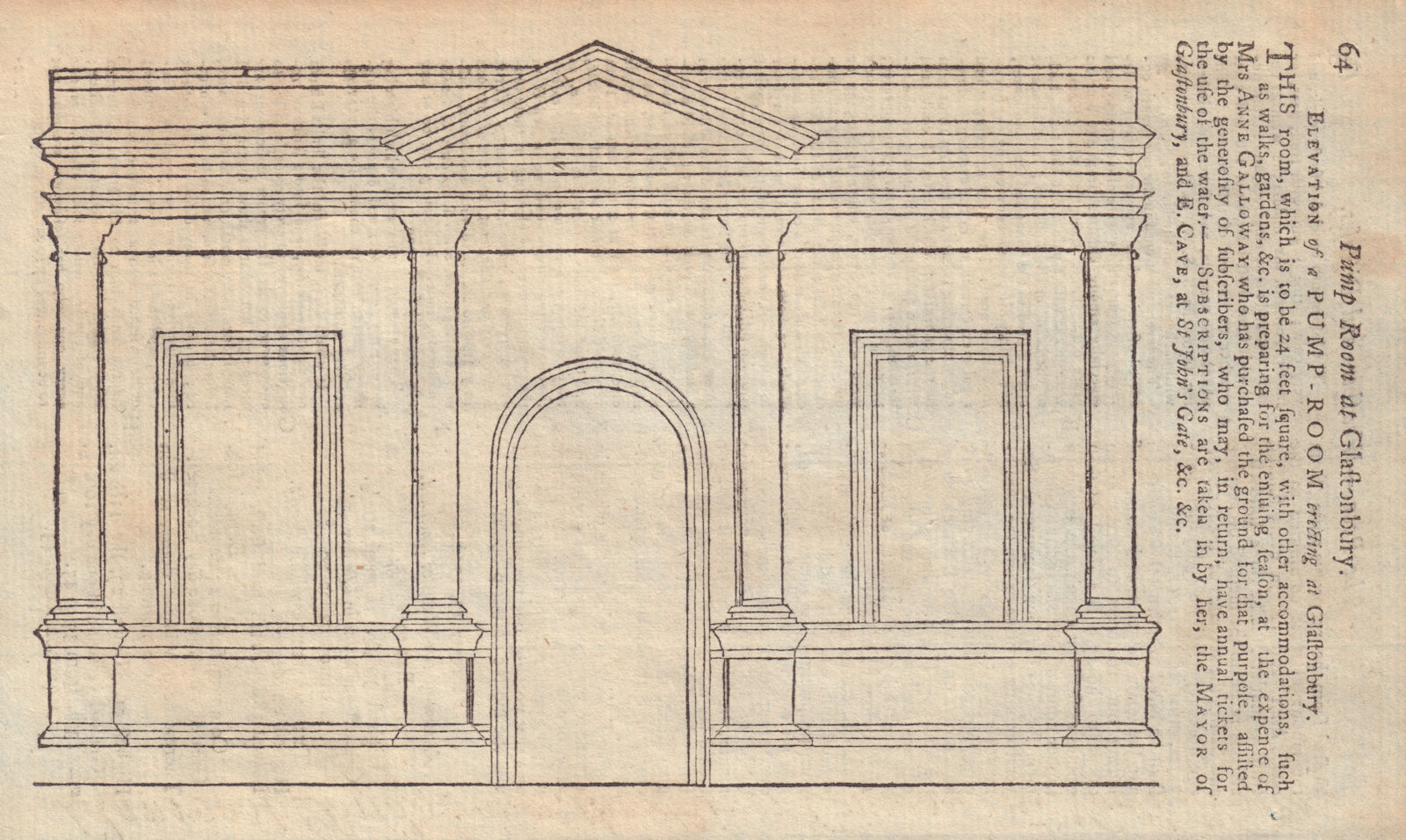 Elevation of a Pump Room at Glastonbury, Somerset. GENTS MAG 1753 old print