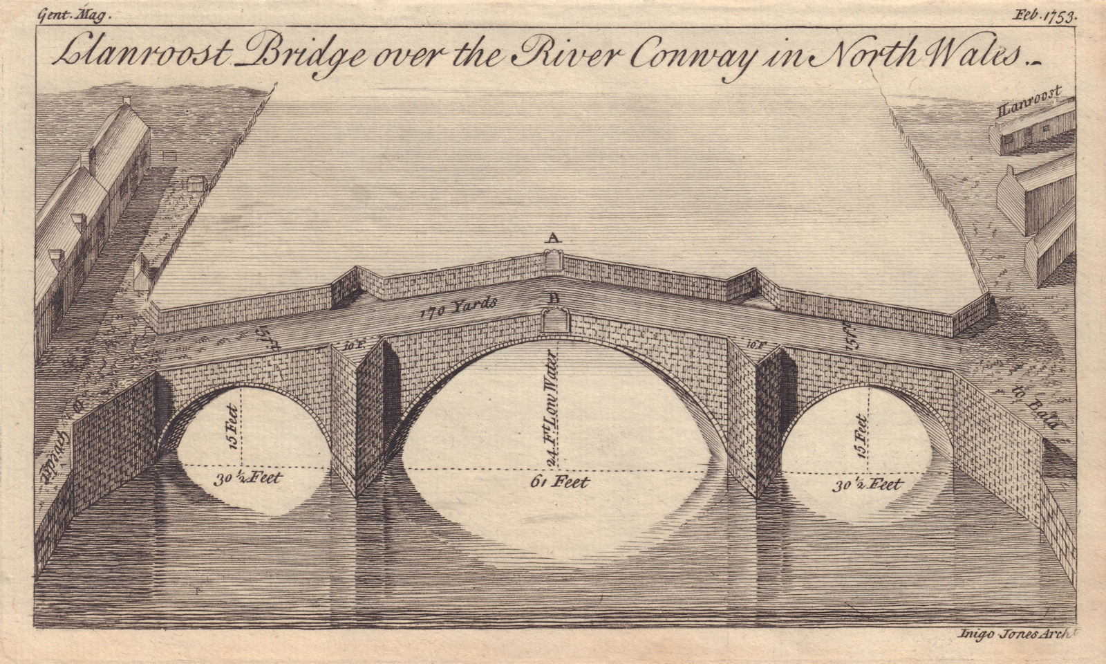 Llanroost Bridge over the River Conway. Pont Fawr, Llanrwst. Inigo Jones 1753