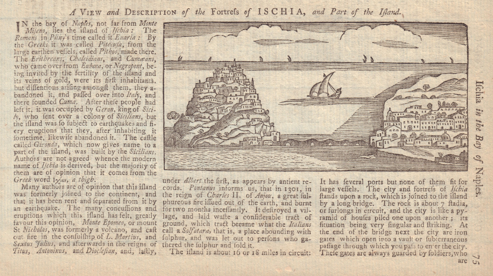 A view and description of the Fortress of Ischia, Italy. GENTS MAG 1753 print