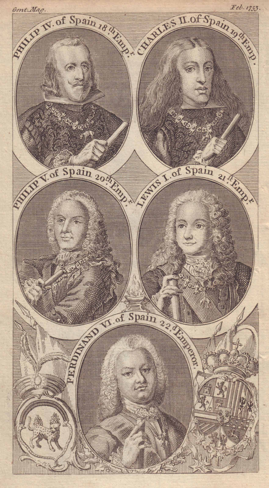 Spain Kings Emperors. Philippe IV V Charles II Lewis I Ferdinand VI 1753 print