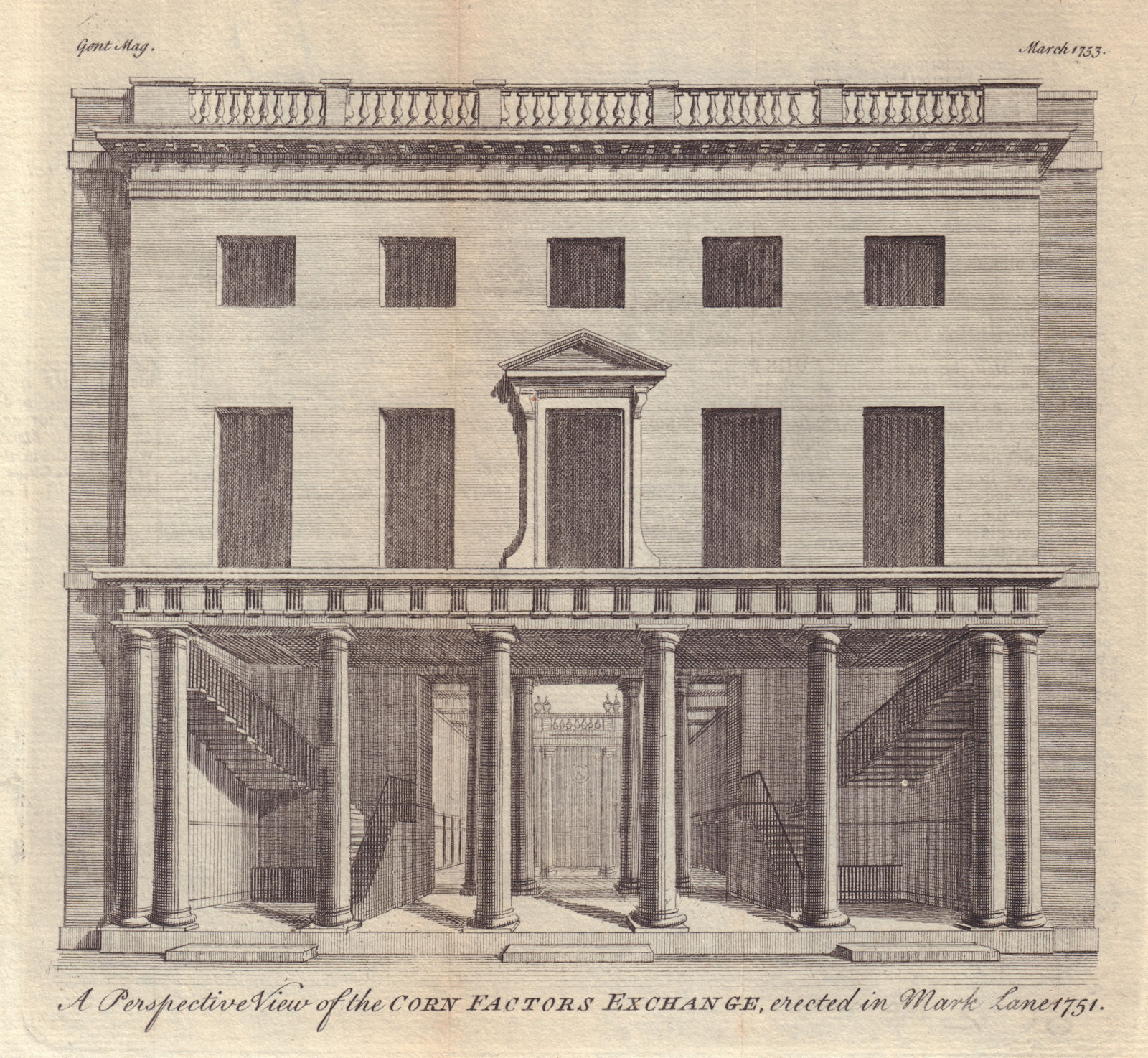 The Corn Factors Exchange, erected in Mark Lane 1751. London 1753 old print