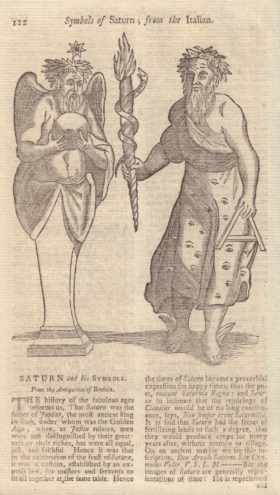 Ancient Symbols of Saturn from antiquities of Brescia. GENTS MAG 1753 print