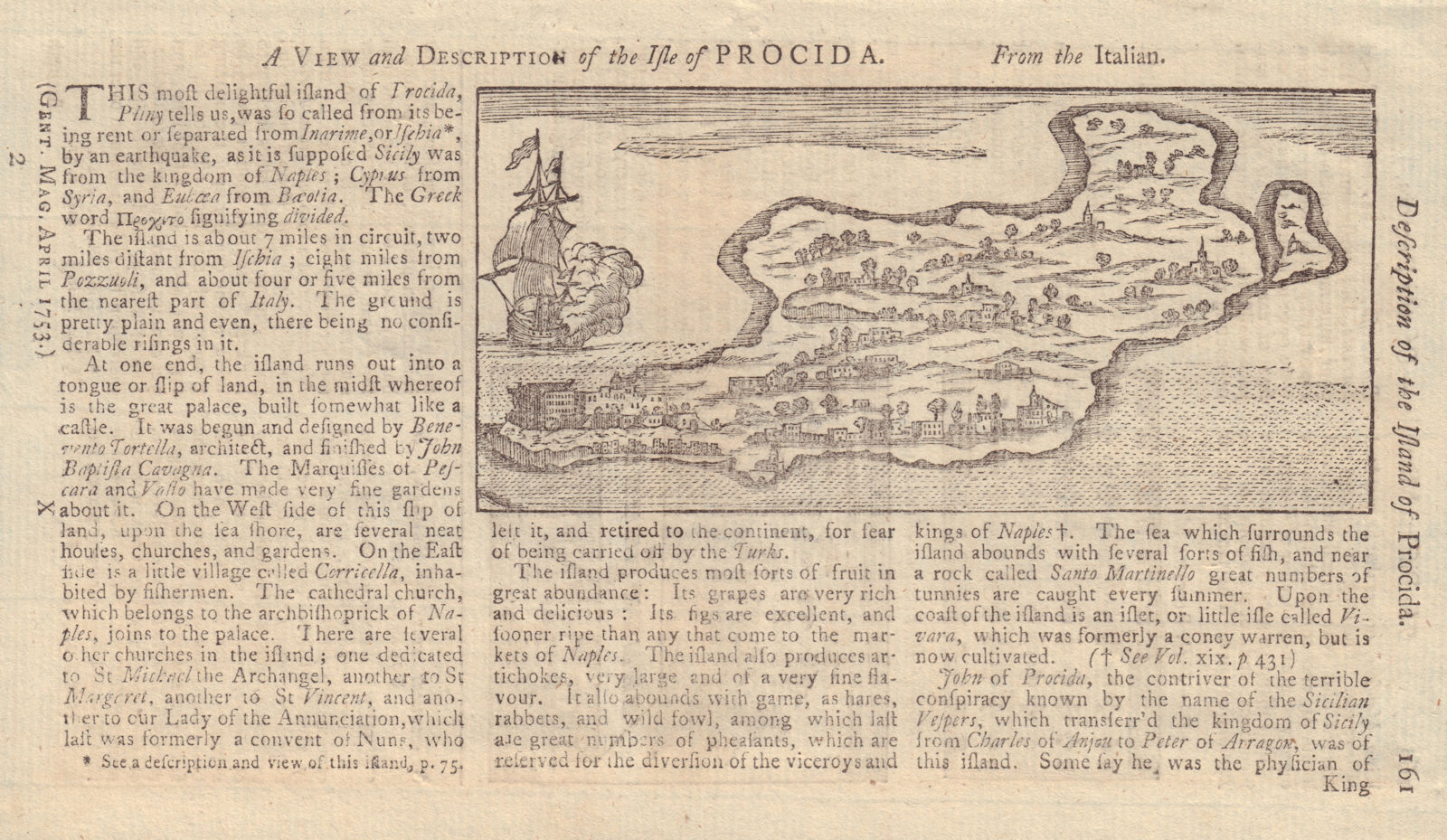 A View and Description of the Isle of Procida, near Naples. Italy 1753 print