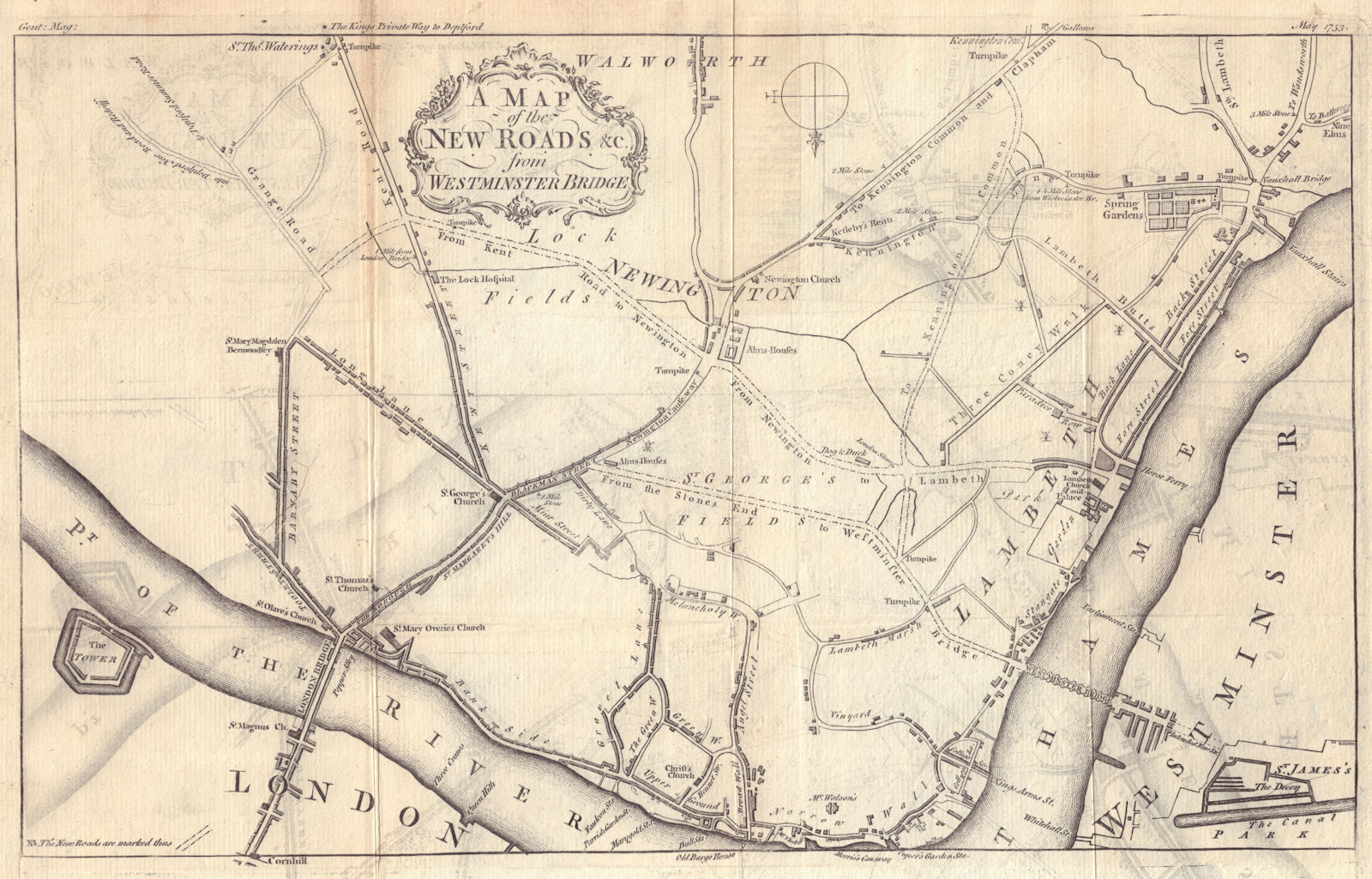 Associate Product A Map of the New Roads &c from Westminster Bridge. London. GENTS MAG 1753