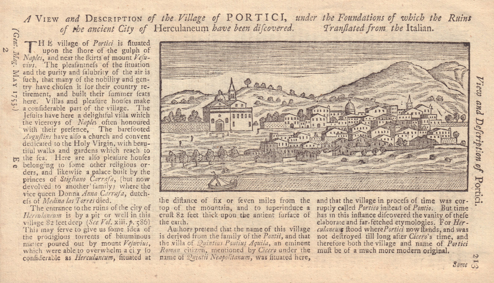 A View & Description of the Village of Portici. Herculaneum Naples. Italy 1753