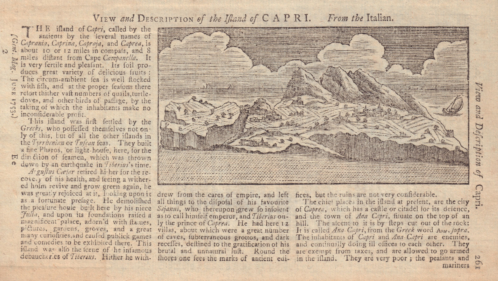 View and Description of the Island of Capri, Italy. GENTS MAG 1753 old print
