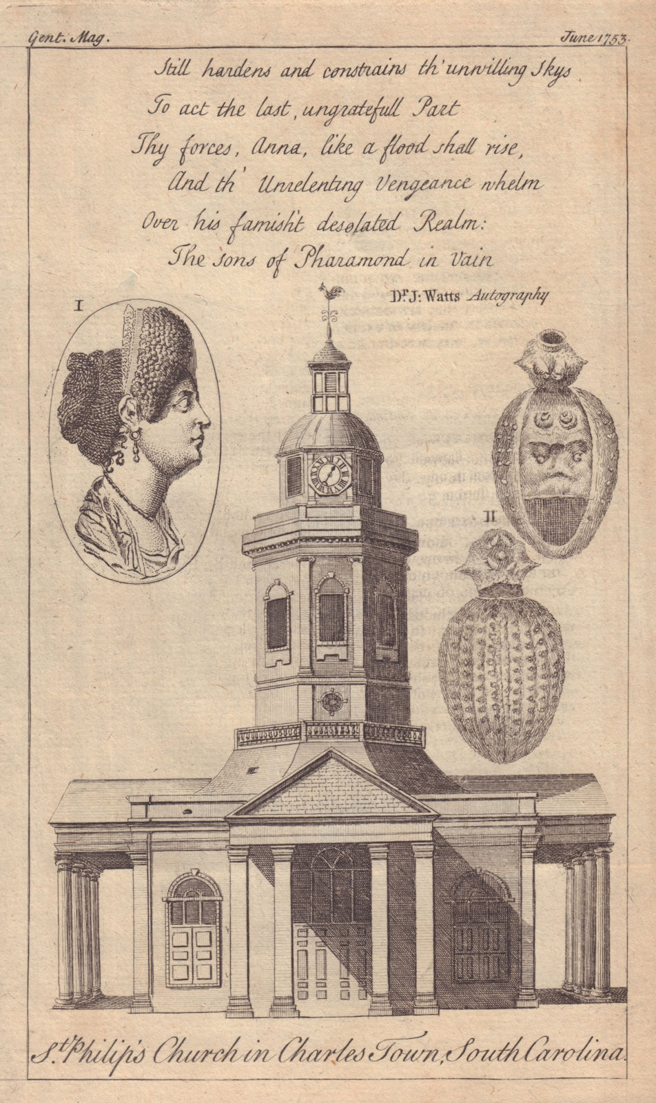 St. Philip's Church in Charles Town, South Carolina. Charleston 1753 old print