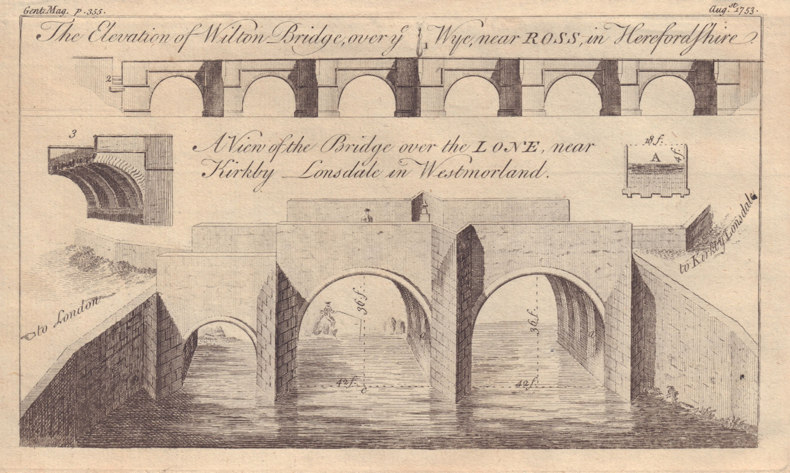 Devils' Bridge over the Lone, Kirkby Lonsdale. Wilton Bridge, Ross-on-Wye 1753