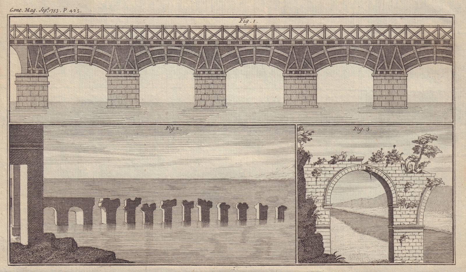 Trajan's Bridge, Danube. Caligula's Bridge Puzzuoli Naples. Augustus, Narni 1753