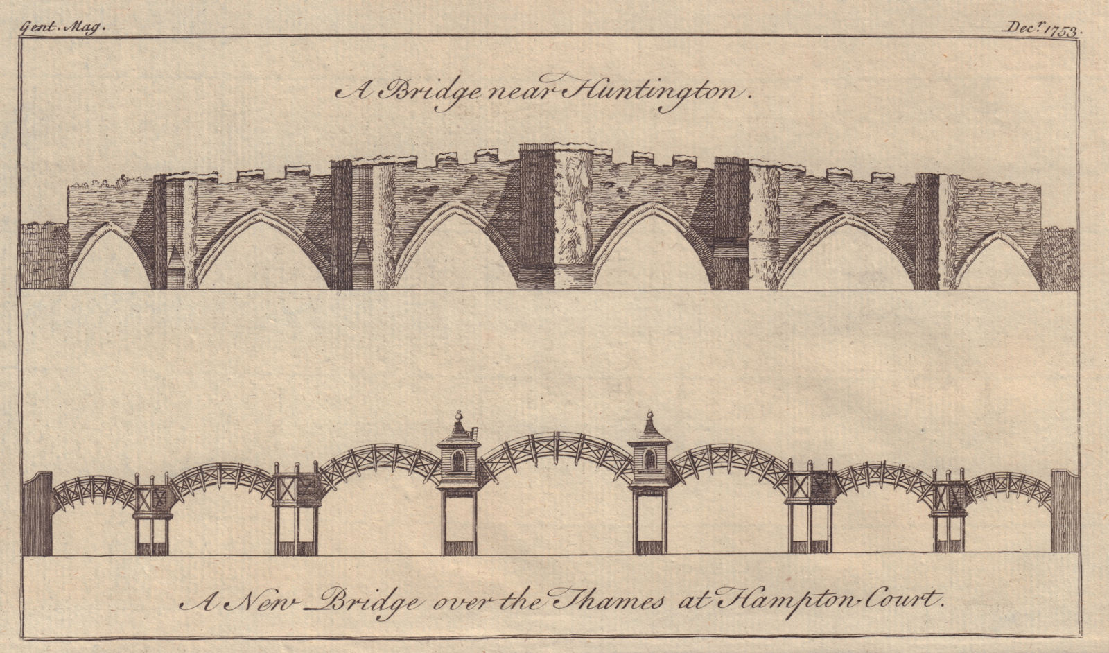 Associate Product The Old Bridge, Huntingdon & the first Hampton Court Bridge, London 1753 print