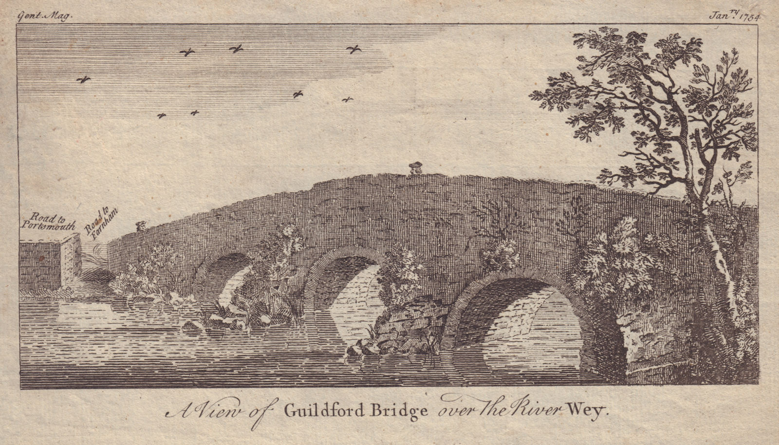 A View of Guildford Bridge over the River Wey. Surrey. GENTS MAG 1754 print