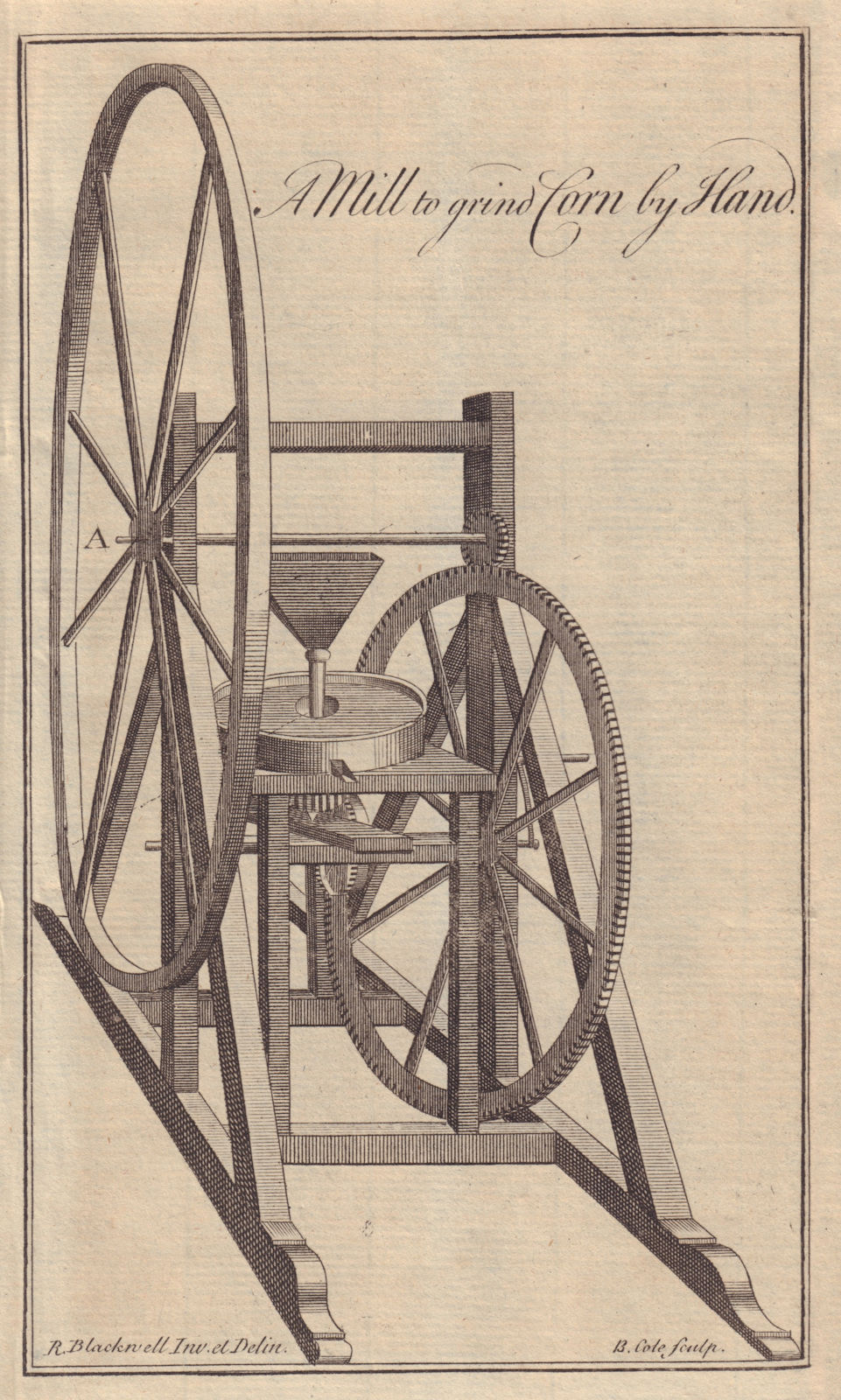 A Mill to grind Corn by Hand. Engineering. GENTS MAG 1758 old antique print