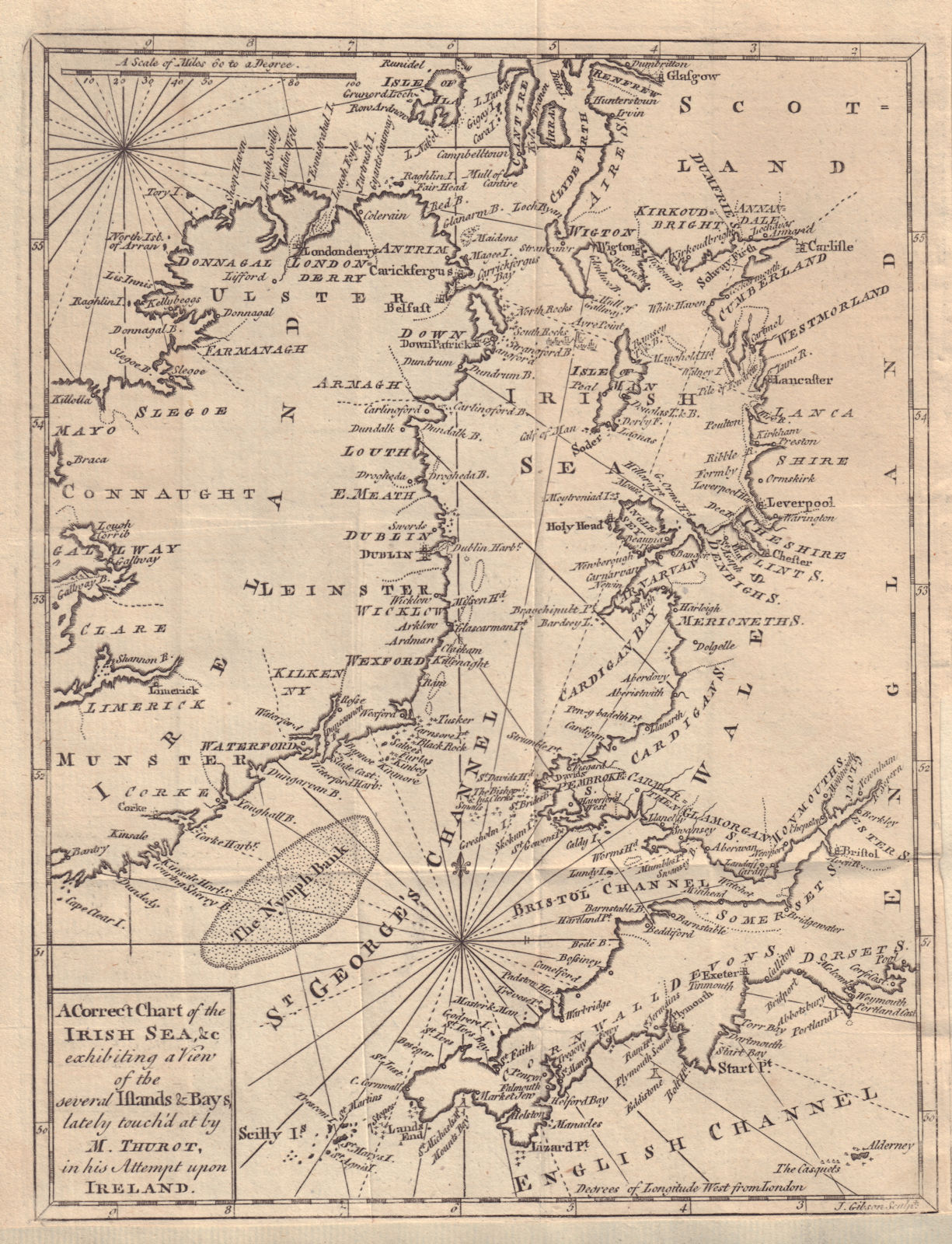 A Correct Chart of the Irish Sea. Ireland. Nymph bank. GIBSON 1758 old map