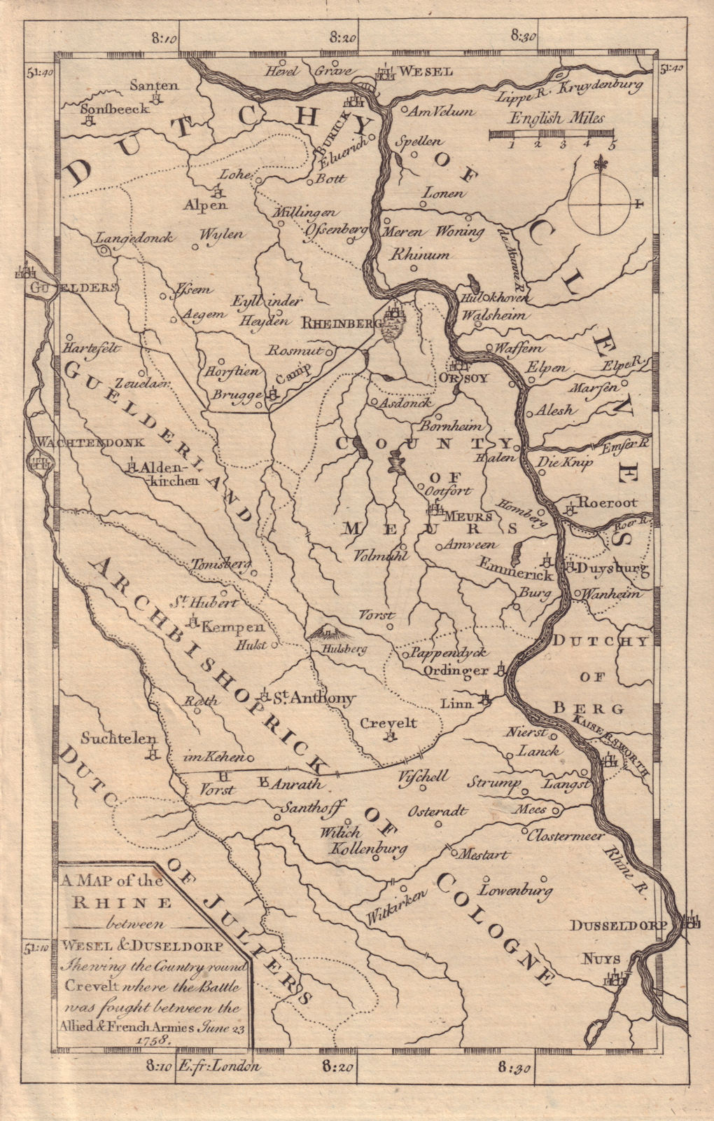 The Rhine between Wesel & Duseldorf… Duisburg Dusseldorf. GENTS MAG 1758 map