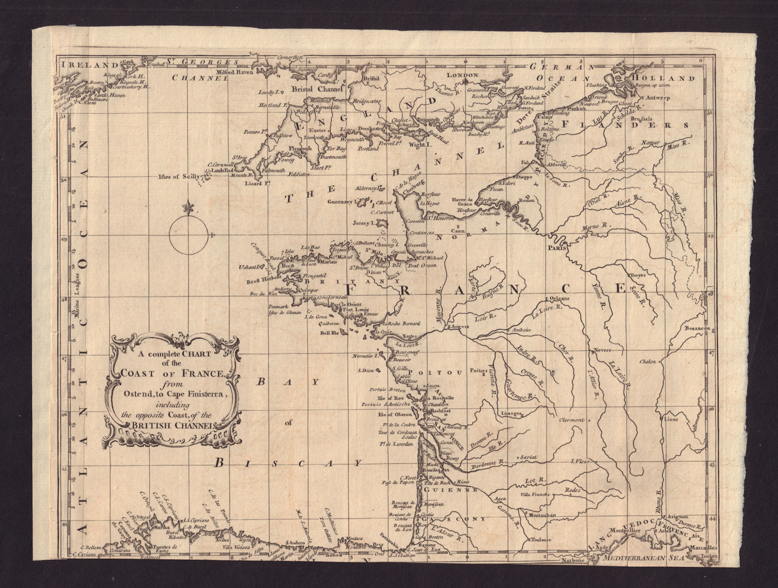 Chart of the coast of France from Ostend to Cape Finisterra… GENTS MAG 1758 map