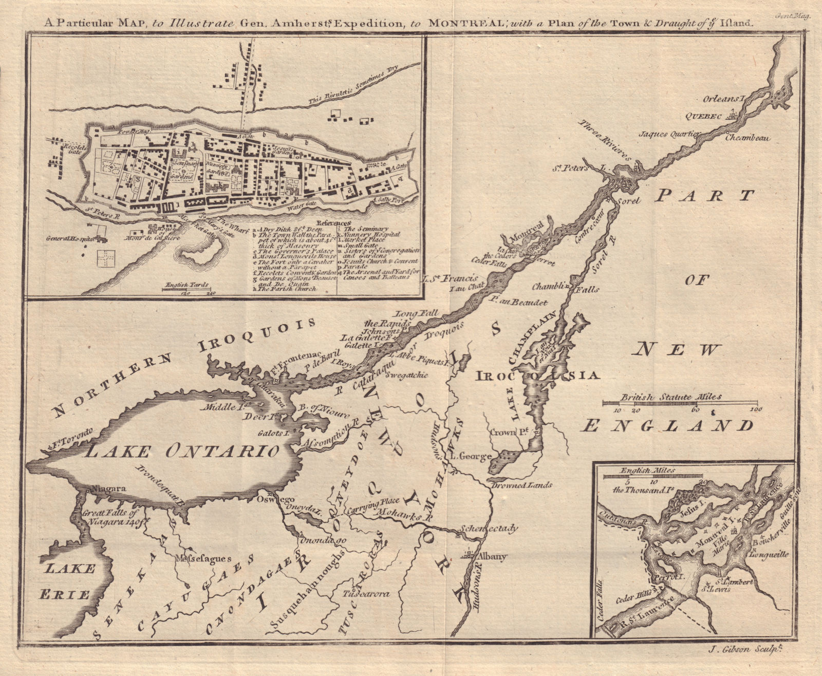 Map to illustrate Gen. Amherst's expedition to Montreal. GIBSON 1760 old