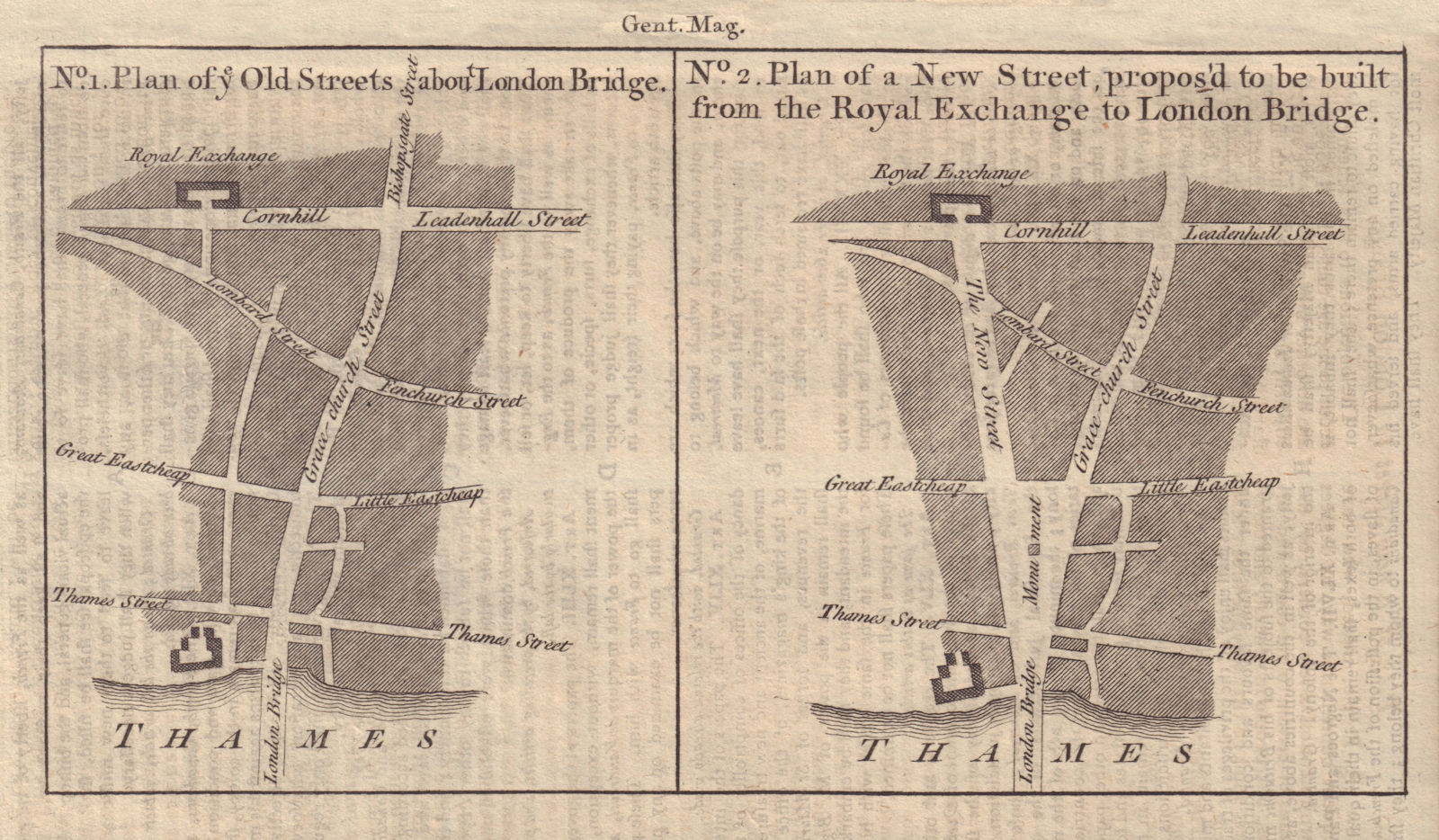 Proposed street from Royal Exchange to London Bridge. King William St. 1760 map