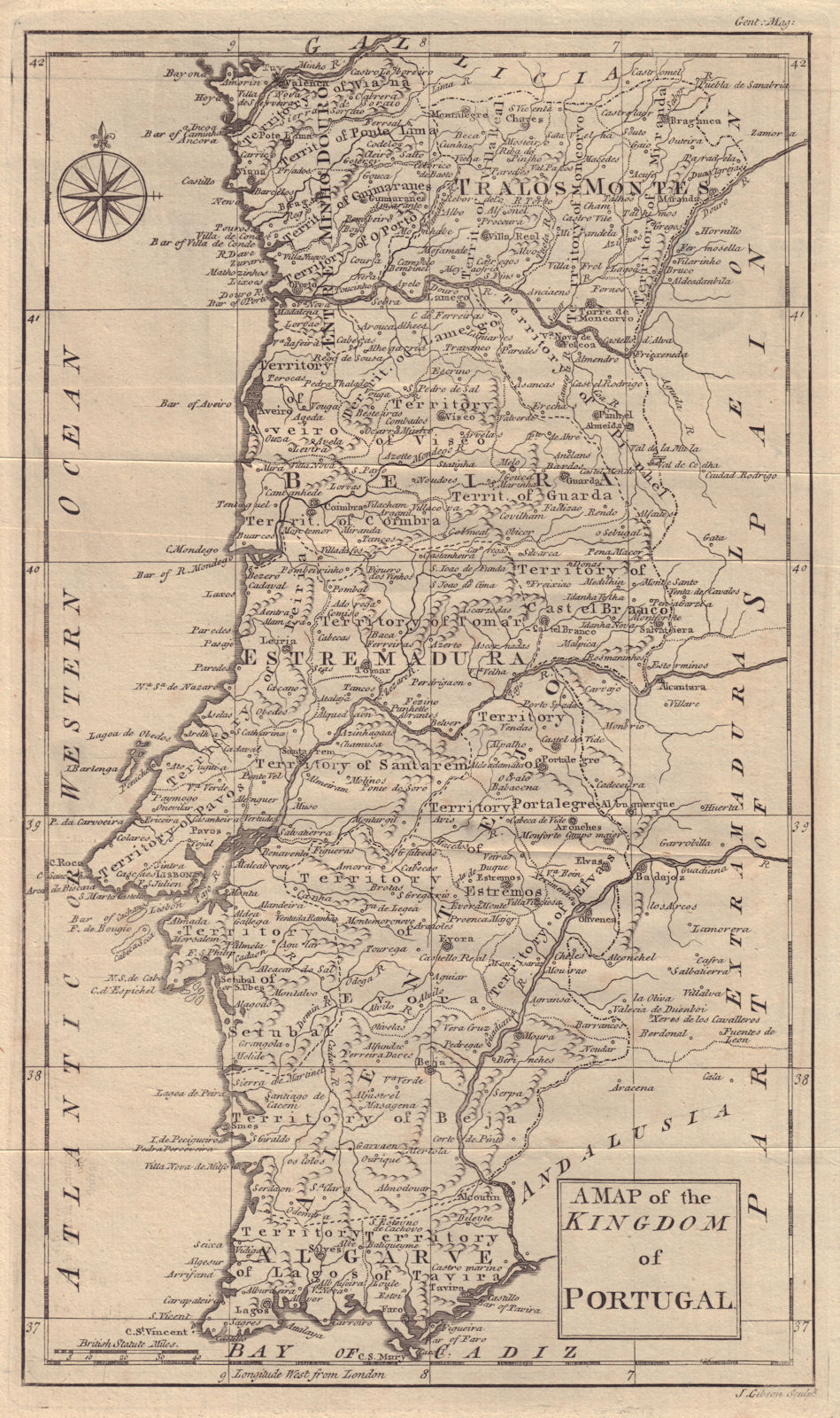 A Map of the Kingdom of Portugal by John Gibson. Gentleman's Magazine 1762