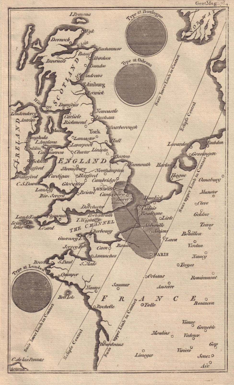 The Solar eclipse of 1 April 1764 across England & France. GENTS MAG 1764 map
