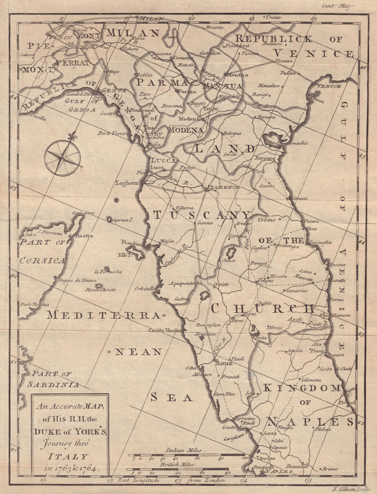 Associate Product An Accurate Map of His RH the Duke of York's journey thro Italy… GIBSON 1764