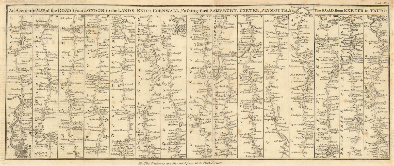 Associate Product The Road from London to Land's End Salisbury Exeter Plymouth… GENTS MAG 1765 map