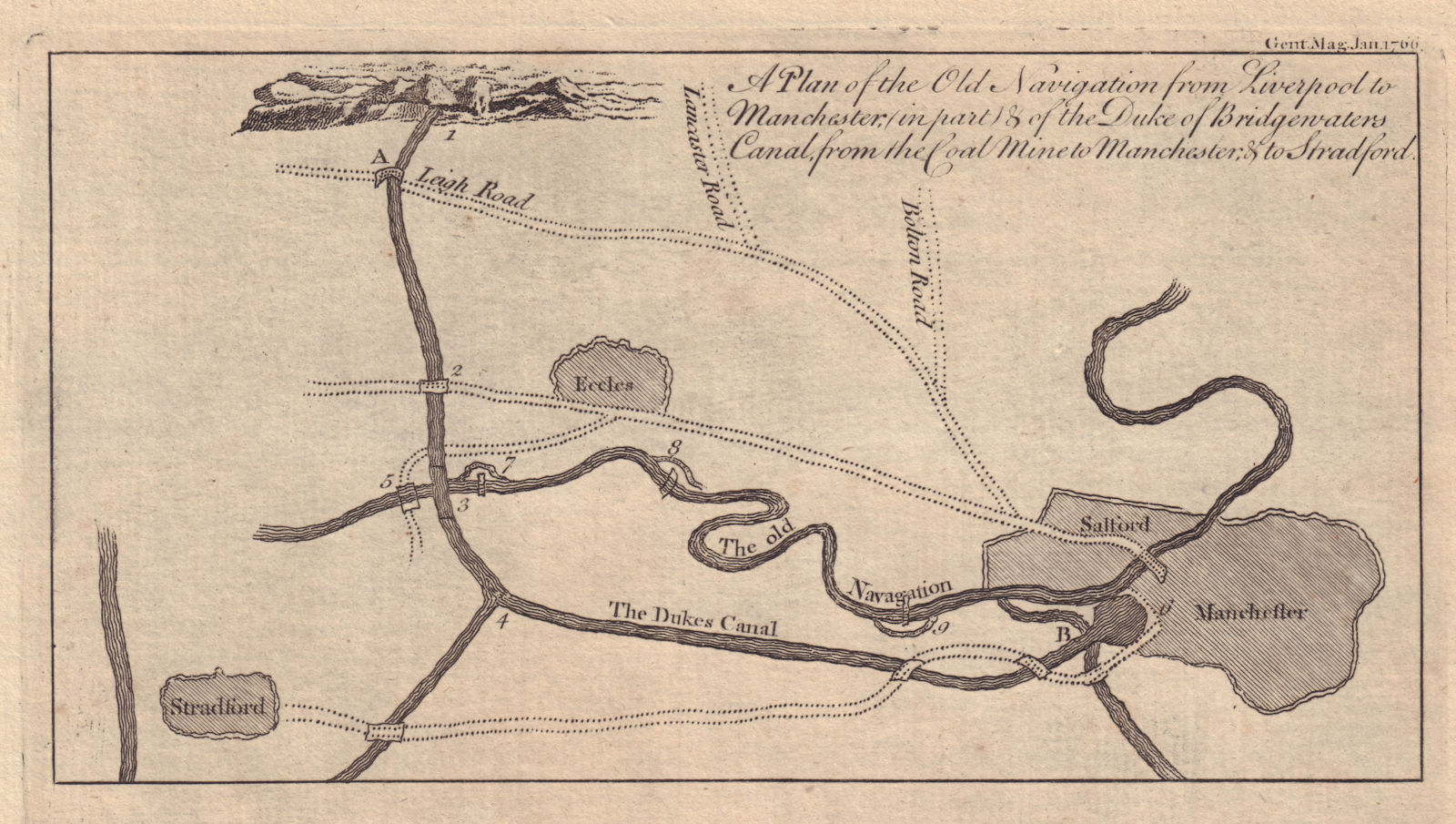 Mersey & Irwell Navigation. Bridgewater Canal. Manchester. GENTS MAG 1766 map