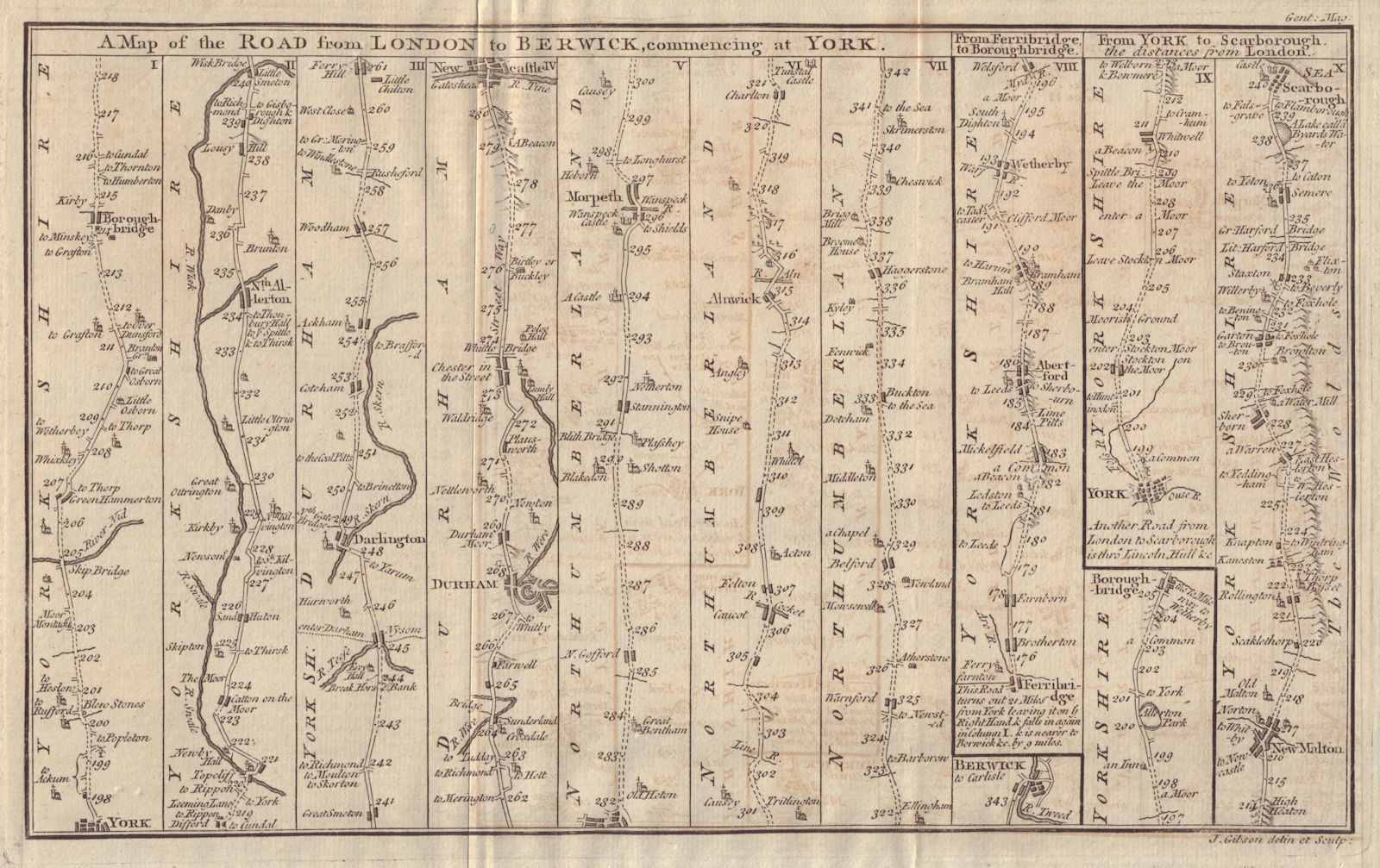 The Road from York to Berwick, Durham & Scarborough. Ferrybridge GIBSON 1766 map