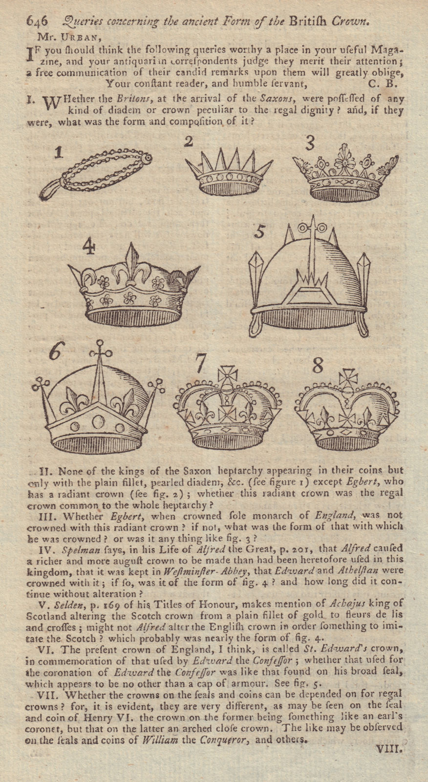 Eight different Crowns worn by British Sovereigns. GENTS MAG 1773 old print