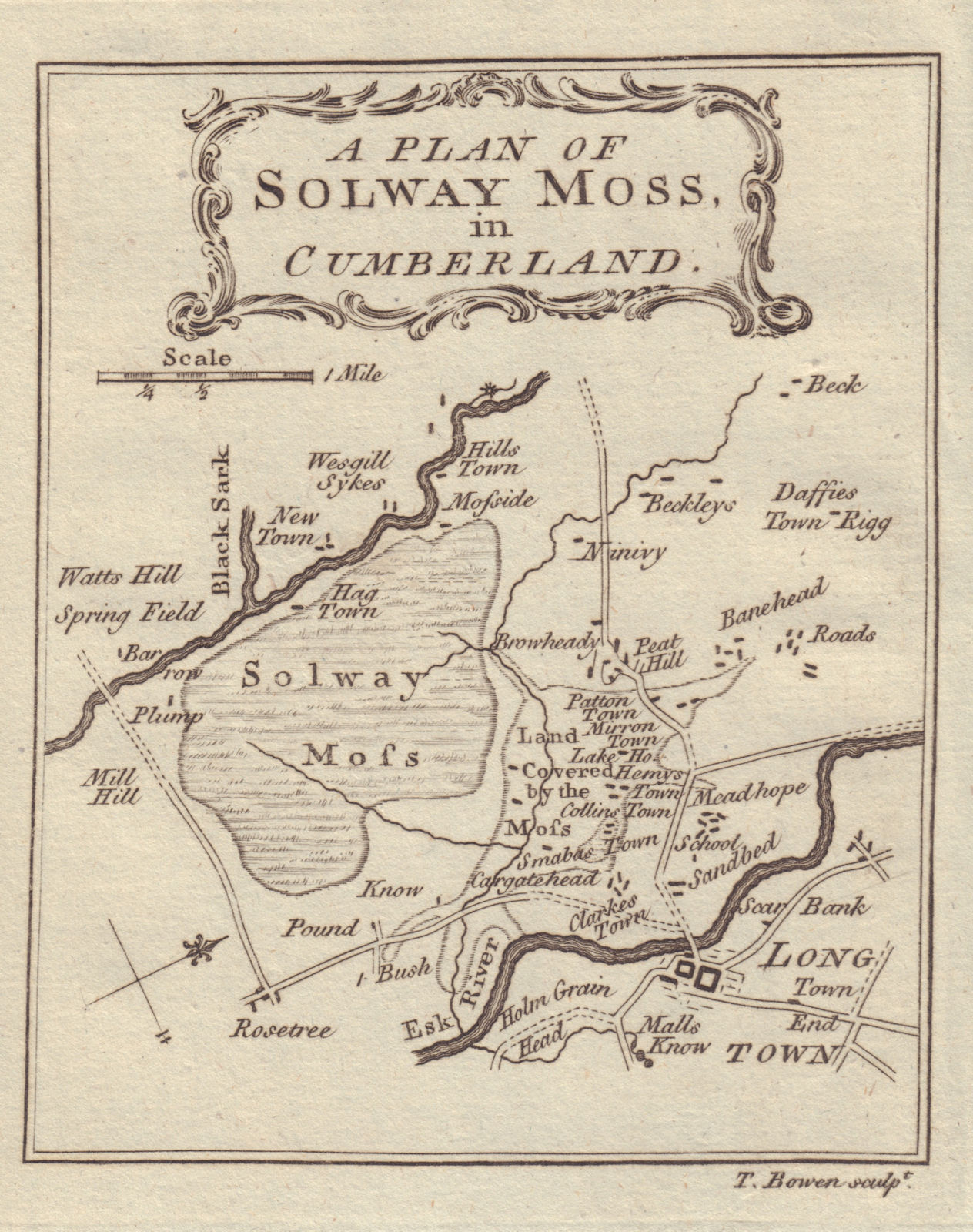 A Plan of Solway Moss in Cumberland. Longtown, Cumbria. BOWEN 1779 old map