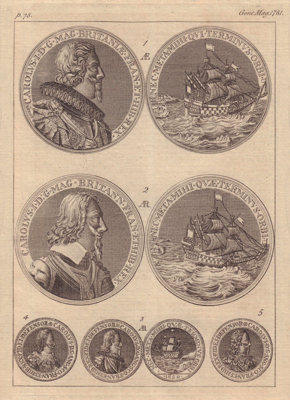 English Medals. King Charles I. GENTS MAG 1781 old antique print picture