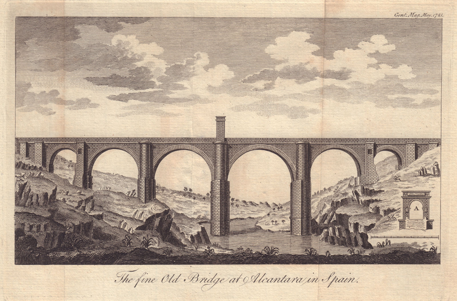 The fine Old Bridge at Alcantara in Spain. Trajan's Roman Bridge 1781 print