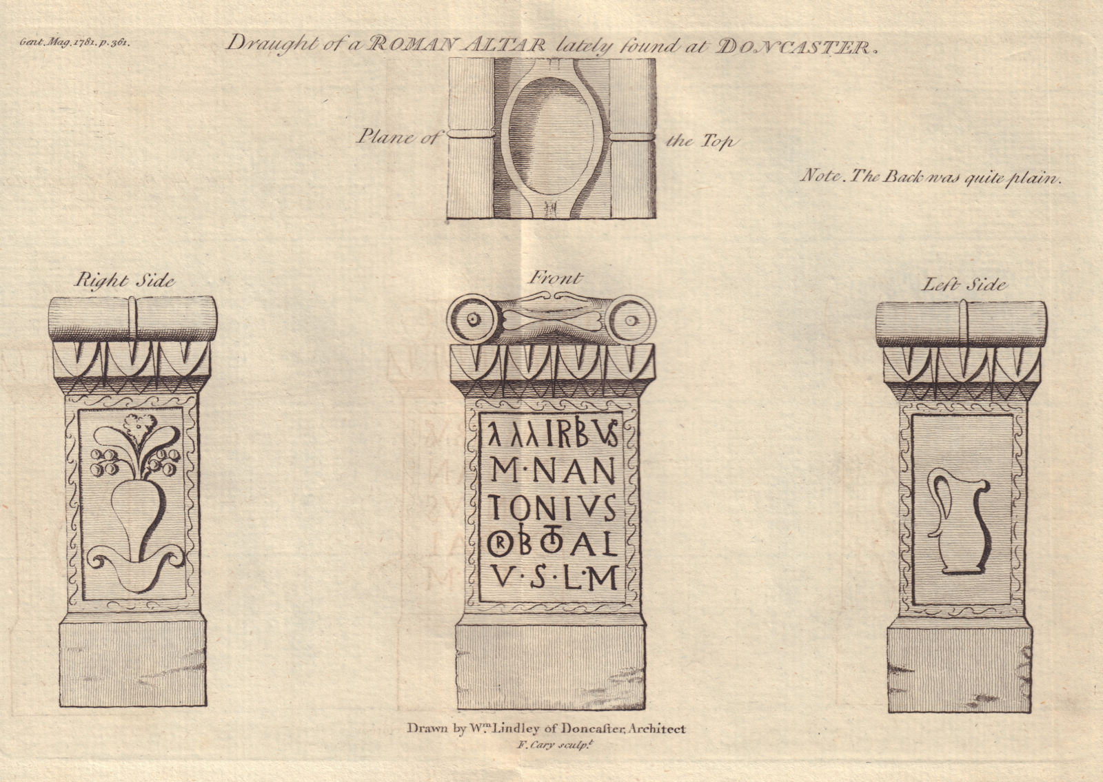 Draught of a Roman Altar lately found at Doncaster, Yorkshire 1781 old print