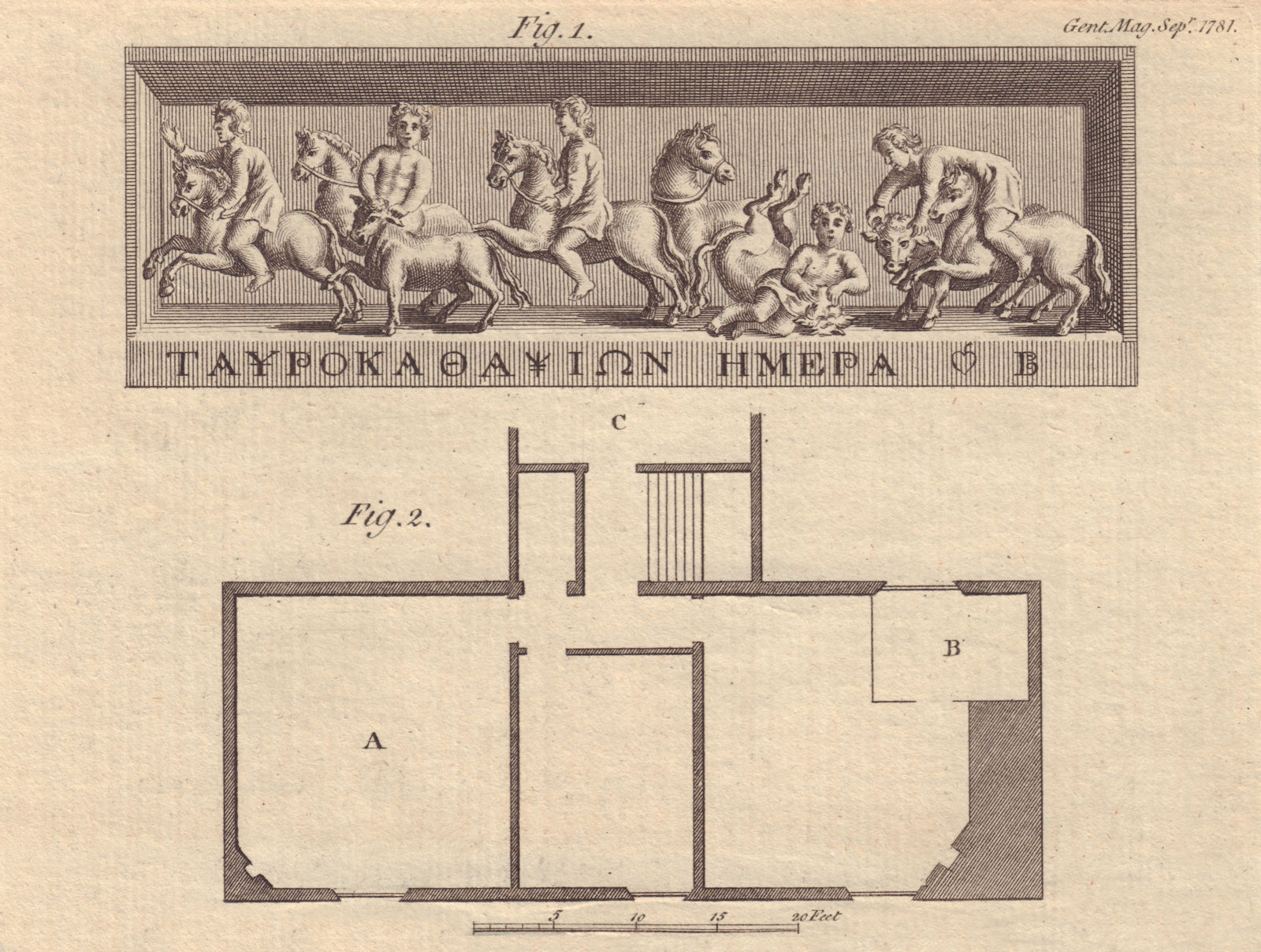 Roman Bull-fight. Newton's birthplace, Woolsthorpe, Lincolnshire 1781 print