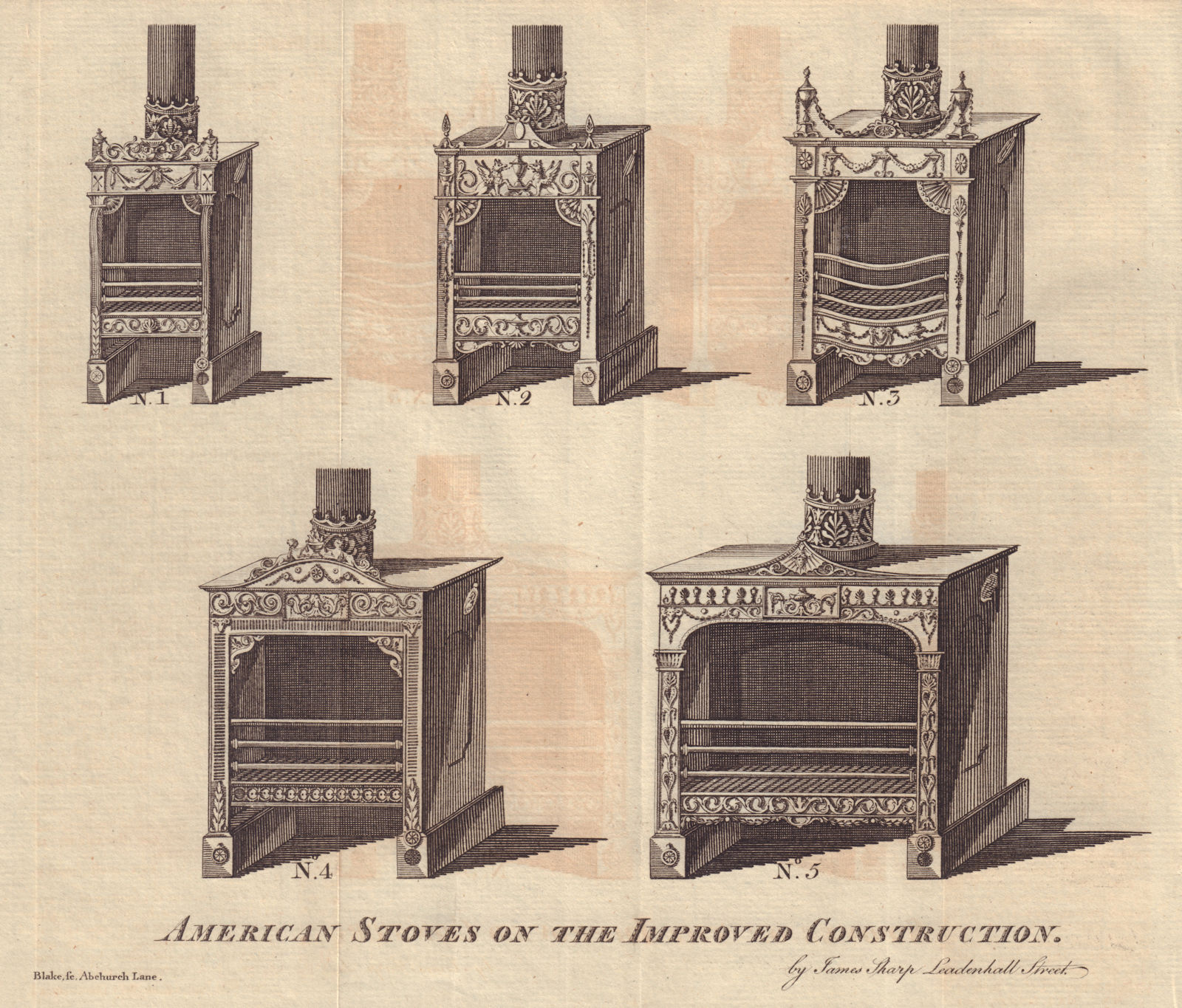 Associate Product American Stoves on the Improved Construction invented by Franklin 1781 print