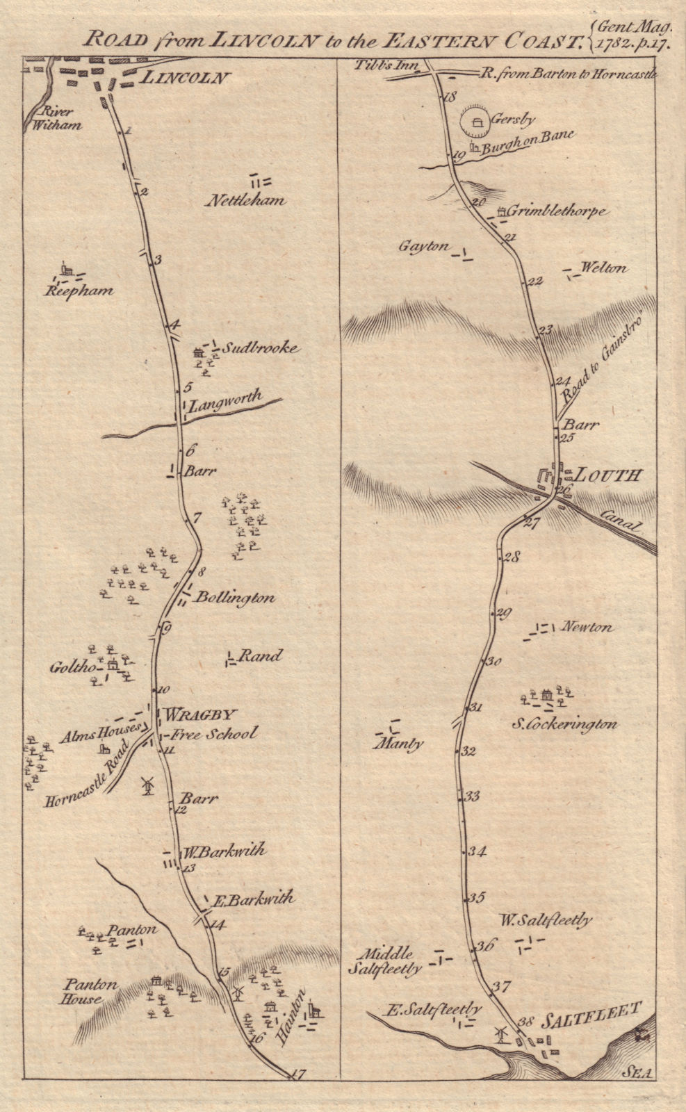 Associate Product Road from Lincoln-Wragby-Louth-Saltfleet strip map. GENTS MAG 1782 old