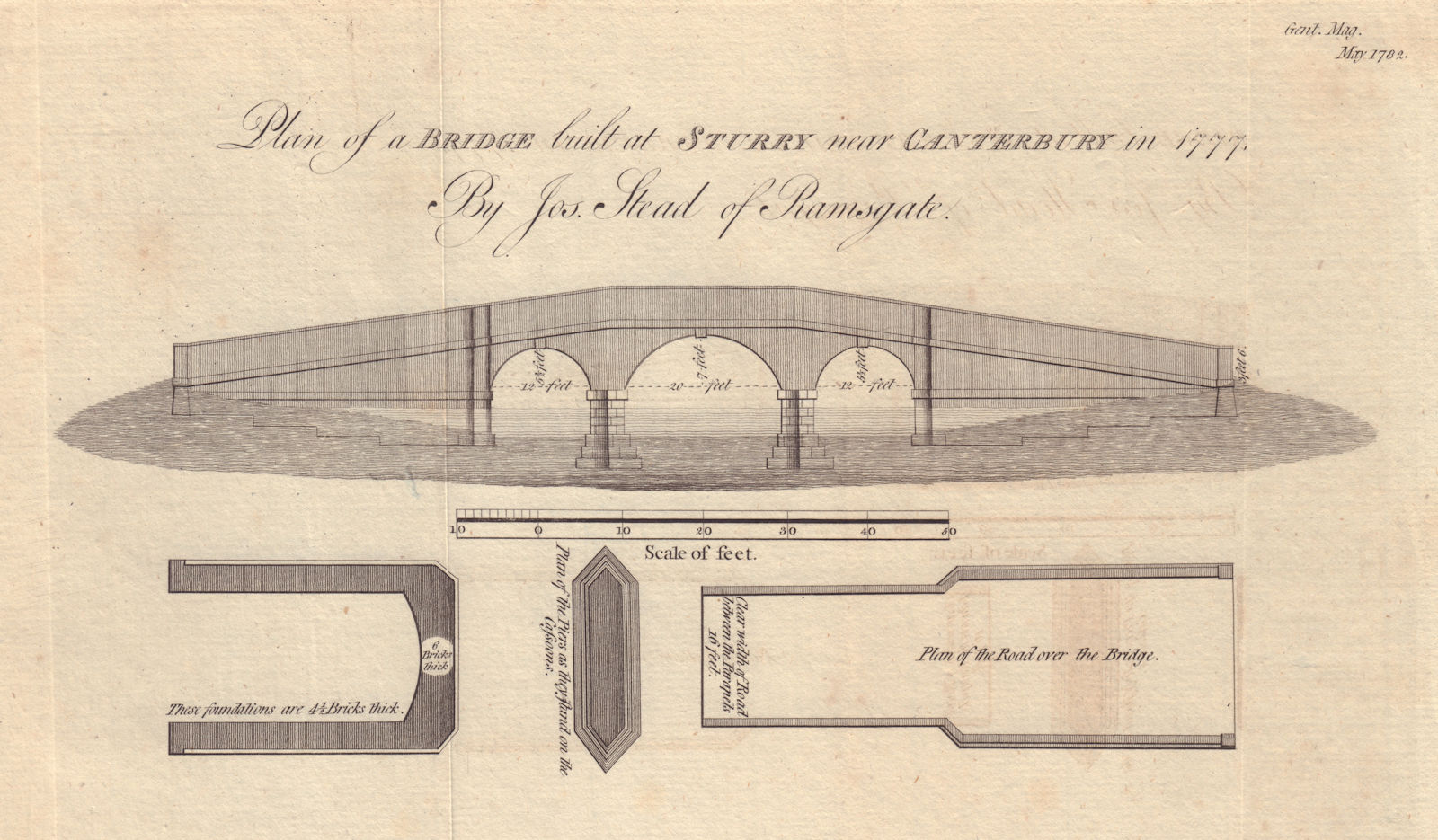Plan of a Bridge built at Sturry near Canterbury in 1777. Kent 1782 old print