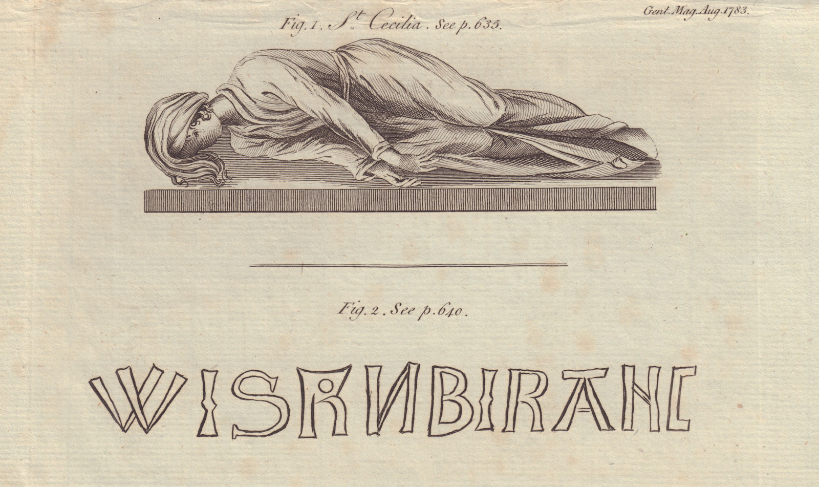 St. Cecilia recumbent. Dish inscription. William Bickerstaffe 1783 old print