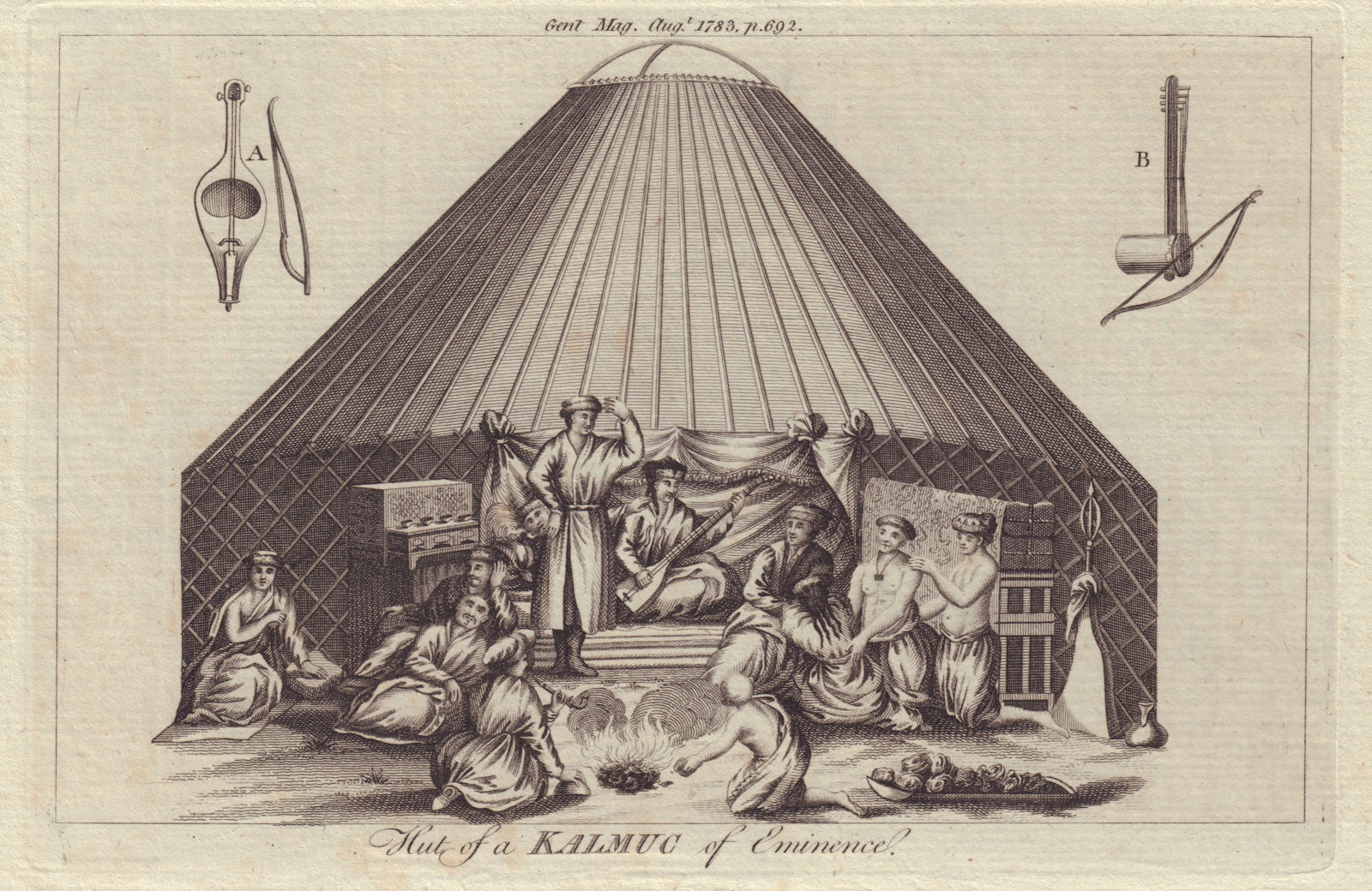 Hut of a Kalmuc of Eminence. Kalmak/Kalmyk. Musical Instruments. Russia 1783